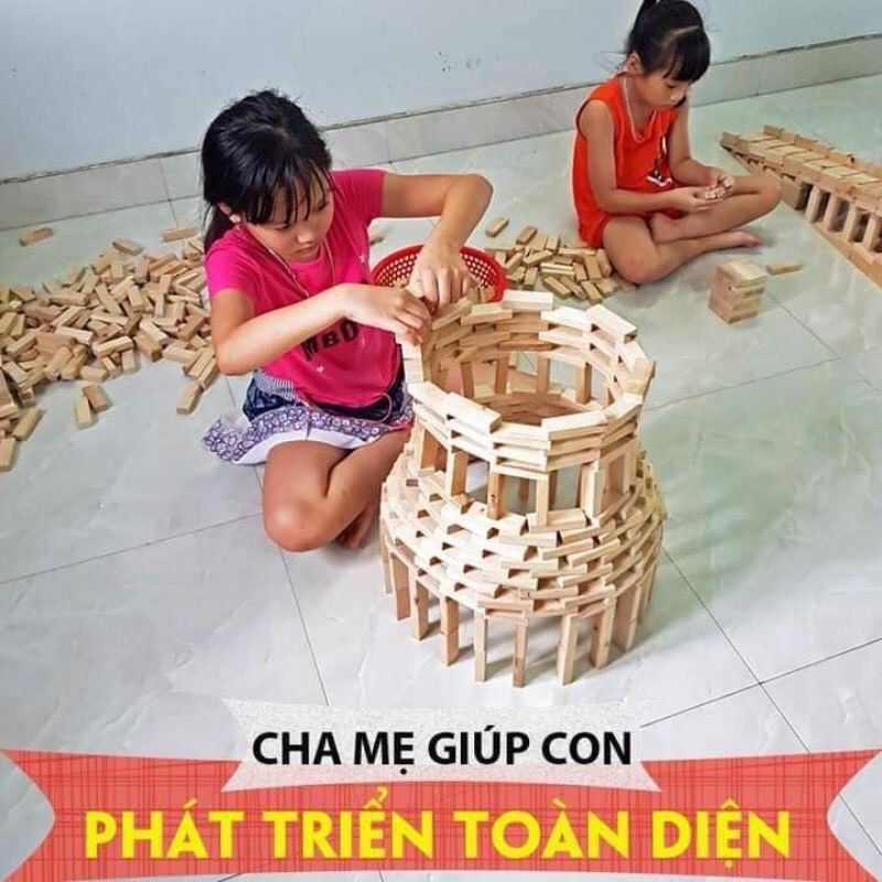 Bộ 200 thanh gỗ bạch dương cho bé xếp hình, rút gỗ domino