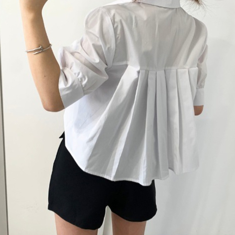 Áo Sơ Mi Tay Lửng Cổ Chữ V Cài Nút Ở Lưng Xếp Ly Màu Trơn Dành Cho Nữ