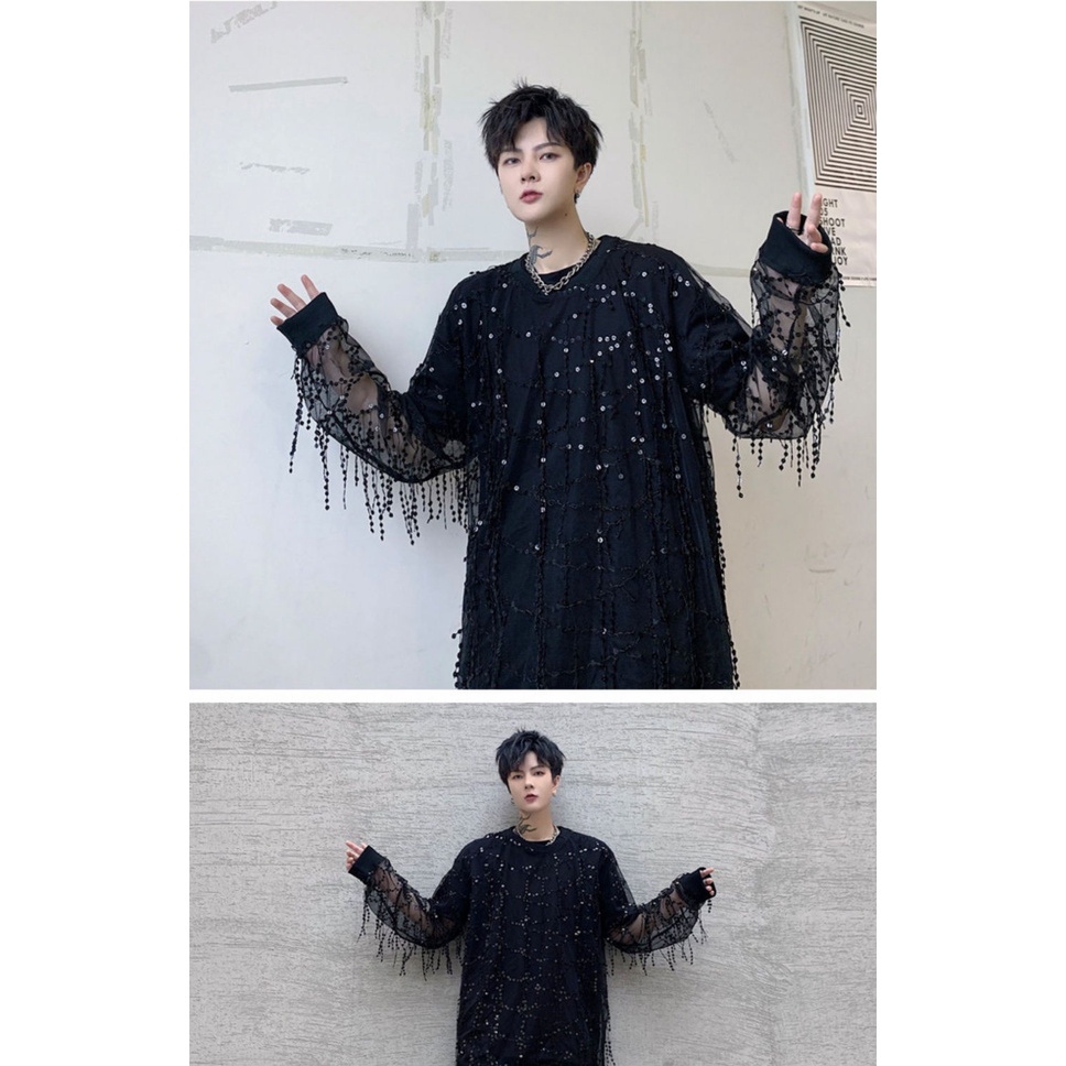 Áo Thun Nam Tay Dài Phối Lưới Mỏng Đính Kim Sa Nhìn Xuyên Thấu Phong Cách Đường Phố