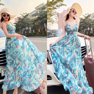 Đầm maxi đi biển hở lưng voan hoa ChemMix thiết kế siêu sang cho nàng dự tiệc, dạ hội