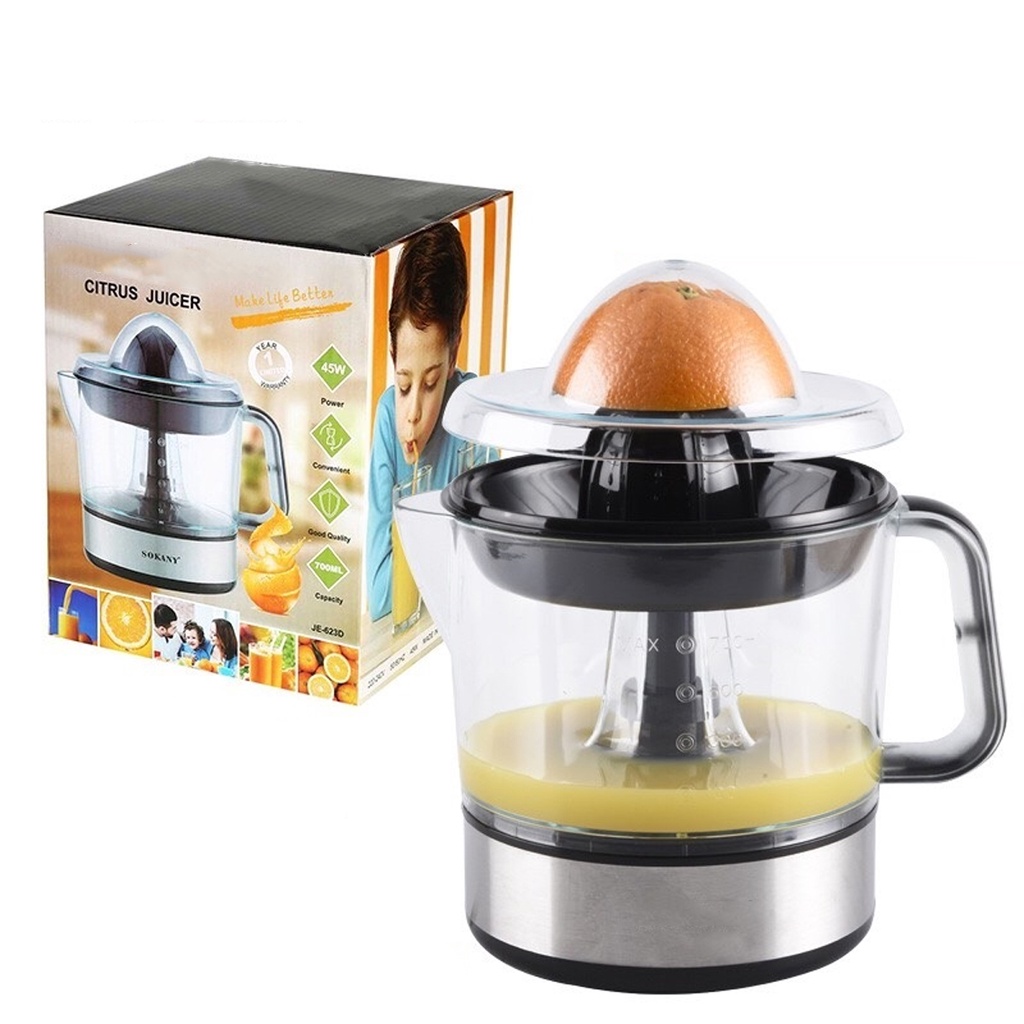 Máy Vắt Cam Inox Tự Động, Dung Tích 700ml, Công Suất 45W, Thân Máy Bằng Inox Cao Cấp, Có Khay Ngăn Hột, Lược Xác