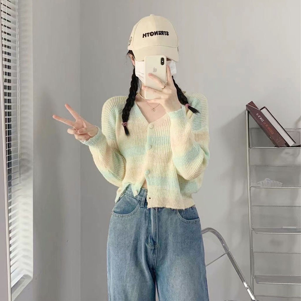 Áo Khoác Cardigan Dệt Kim Mỏng Tay Dài Dáng Ngắn Họa Tiết Kẻ Sọc Màu Xanh Lá Thời Trang Cho