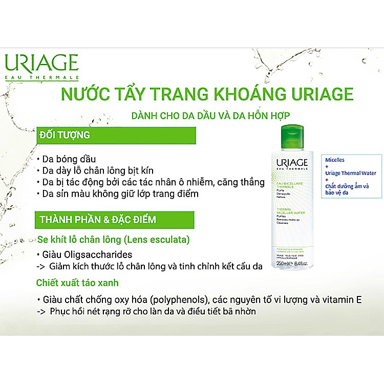 [TEM CTY] Uriage Thermal Micellar Water PMG 100mL &amp; 250mL (Nắp xanh lá đậm) - Nước Tẩy Trang Dành Cho Da Dầu, Hỗn Hợp.