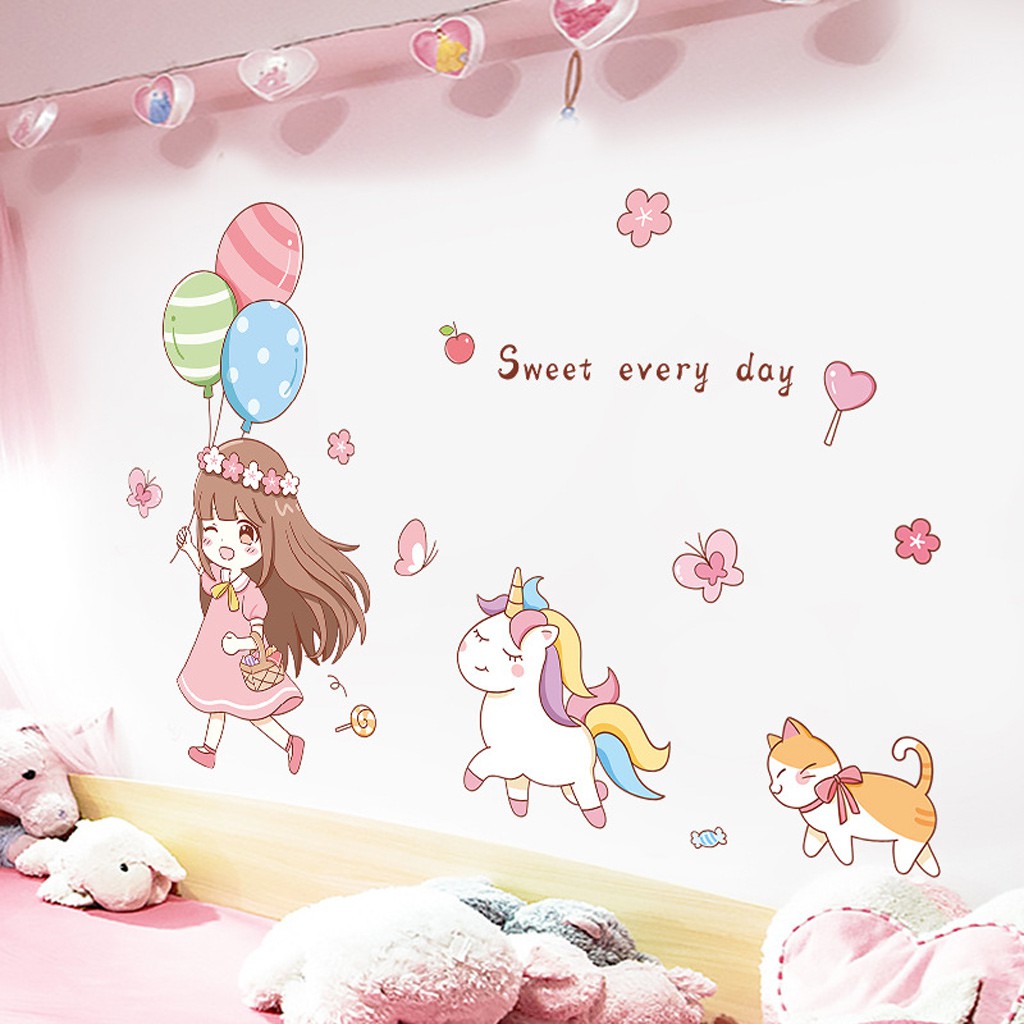 Decal dán tường cho bé yêu, decal trang trí phòng bé, lớp học mầm non C59 Bé gái và Pony