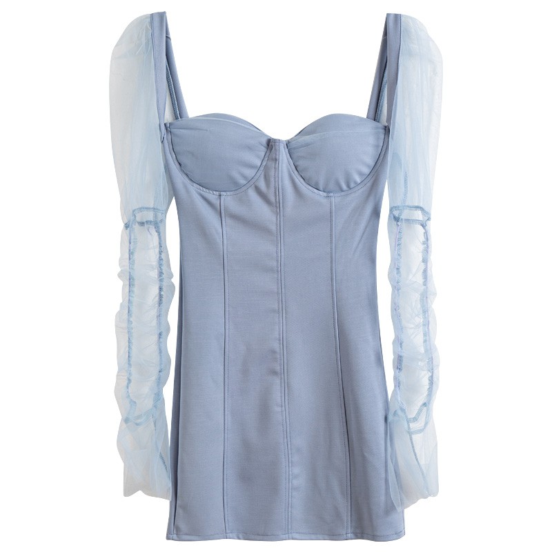 Váy màu xanh pastel cổ vuông cúp ngực tay phối voan lưới sexy quyến rũ ôm body