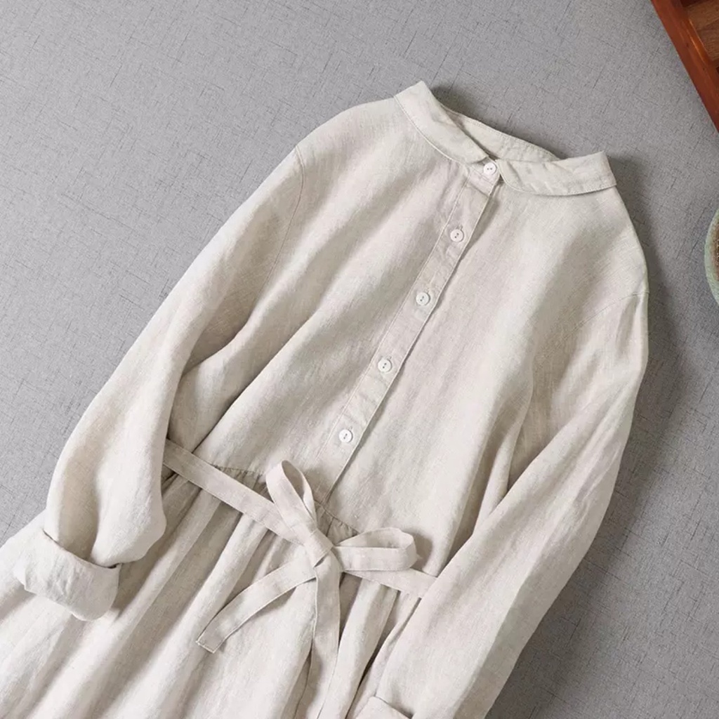 Váy Sơ Mi Thắt Eo Dáng Dài Đầm Suông  Dài Tay Vintage Ulzzang Hàn Quốc