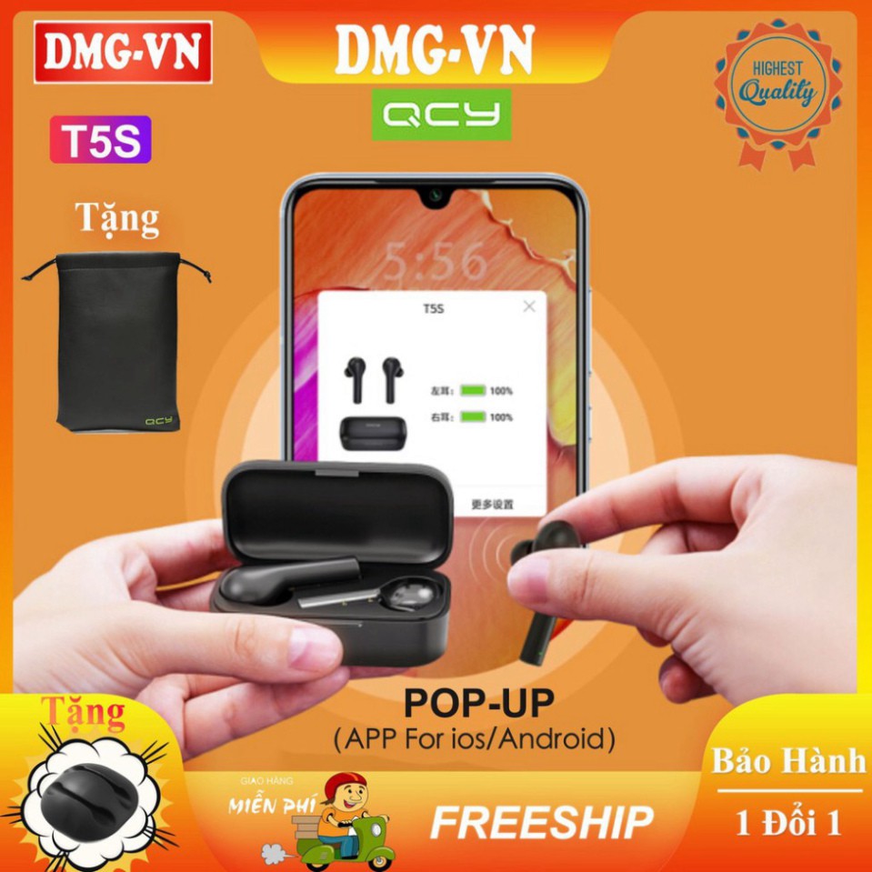 GIẢM GIÁ QCY T5S Tai Nghe Bluetooth Pop Up Android Chơi Game Ít Delay  Cảm Biến Ánh Sáng IPX5 Pin Trâu 4-5h Dock Sạc 600