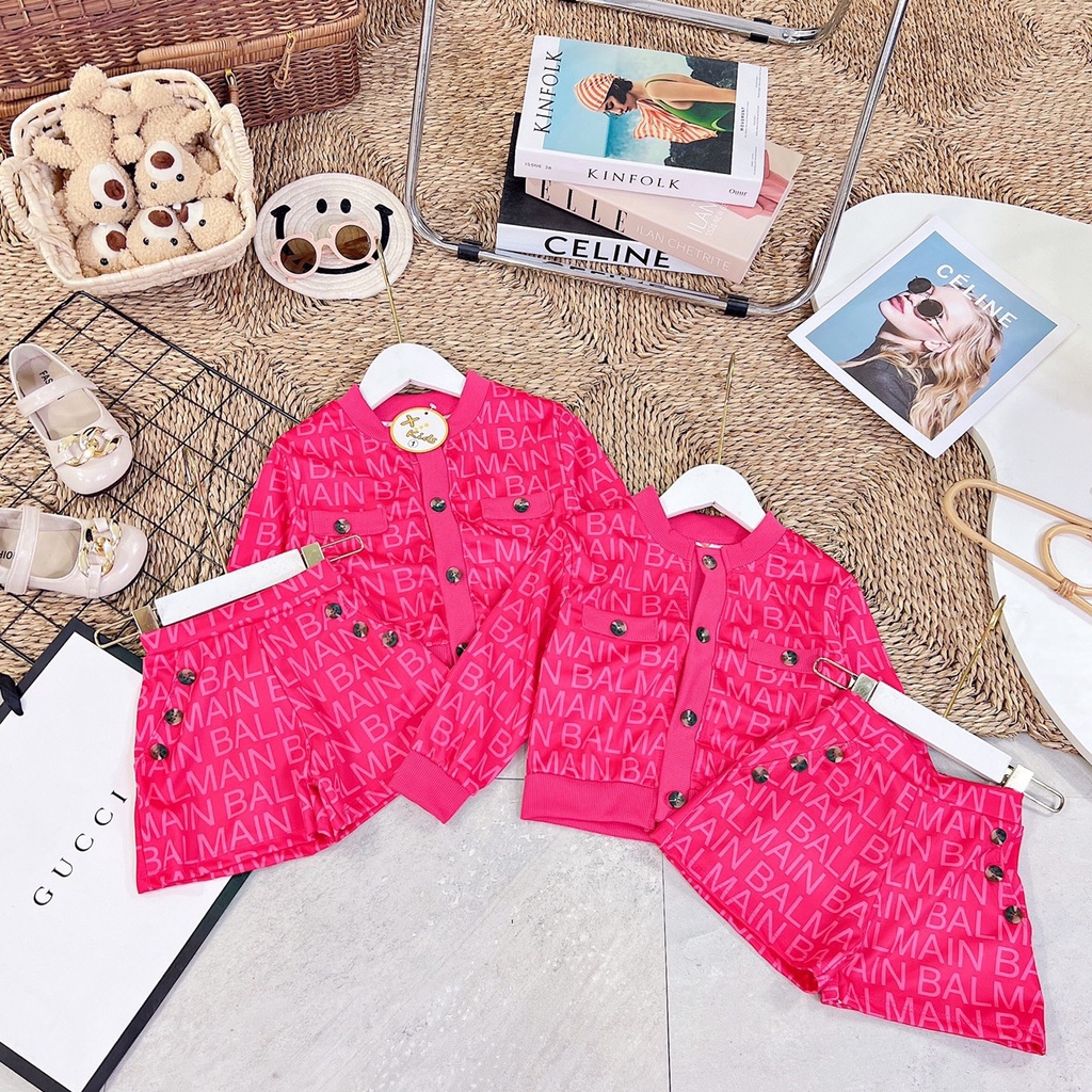 Set bé gái mầu hồng sen áo bo và quần đùi đính cúc XHN1061