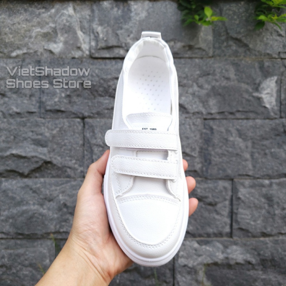 YDGD Giày lười da nữ dây dán - Chất liệu da PU 2 màu trắng full và trắng chỉ đen - Mã SP 2218 25 YC35
