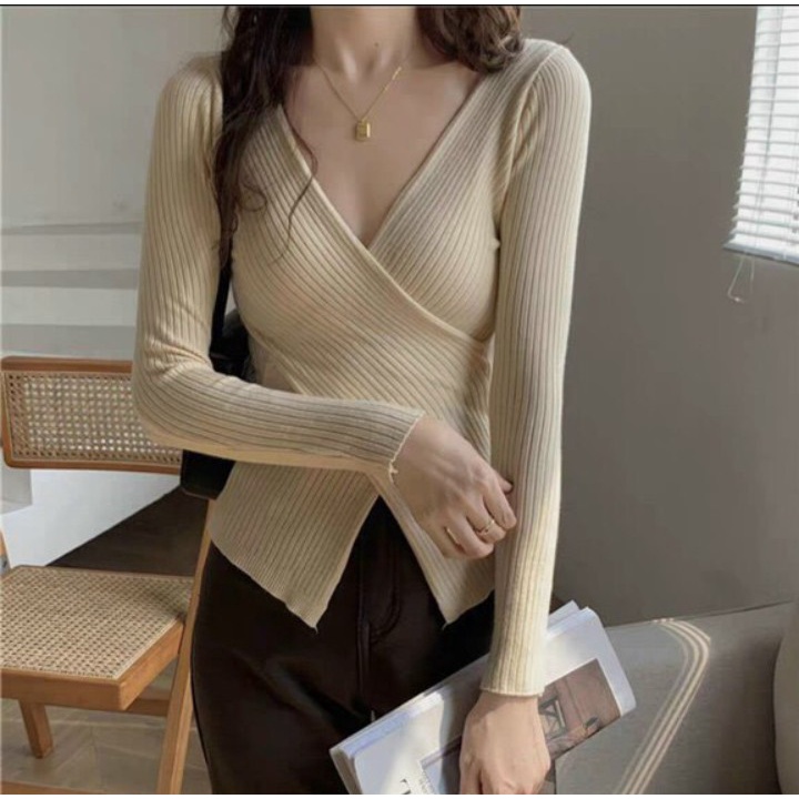 Áo thun nữ thân đáp chéo tay dài chất thun gân - 5 màu