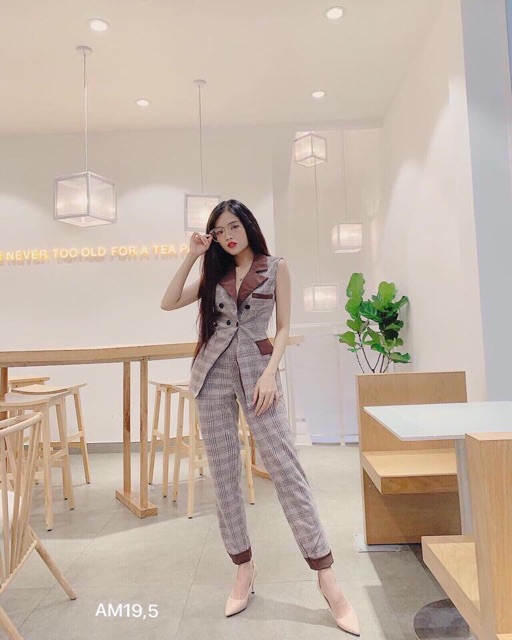 Sét áo vest kẻ + quần và ảnh thật