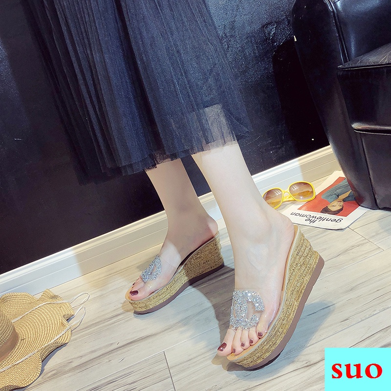 Dép Đế Xuồng Dày Quai Ngang Trong Suốt Đính Đá Chống Trượt Thời Trang Mùa Hè 2018 Dành Cho Nữ
