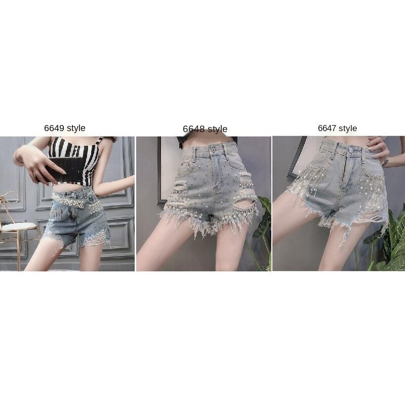 Korean Style Denim Shorts Pants Hyuna Same Style Shorts Simple Fashion Jeans High Waist Diamond Heavy Industry Tassel Denim Hot Pants Tide