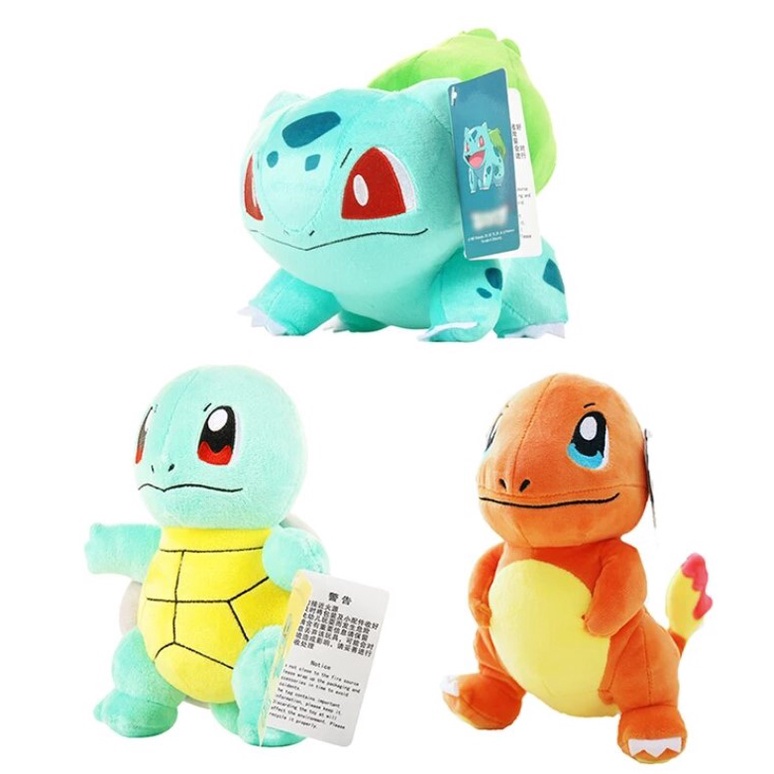 Gấu bông Pokêmon Combo 3 Pokemon starter vùng Kanto (Size 25cm)+ tặng kèm combo 8 thẻ bài pokeomon ngẫu nhiên siêu đẹp