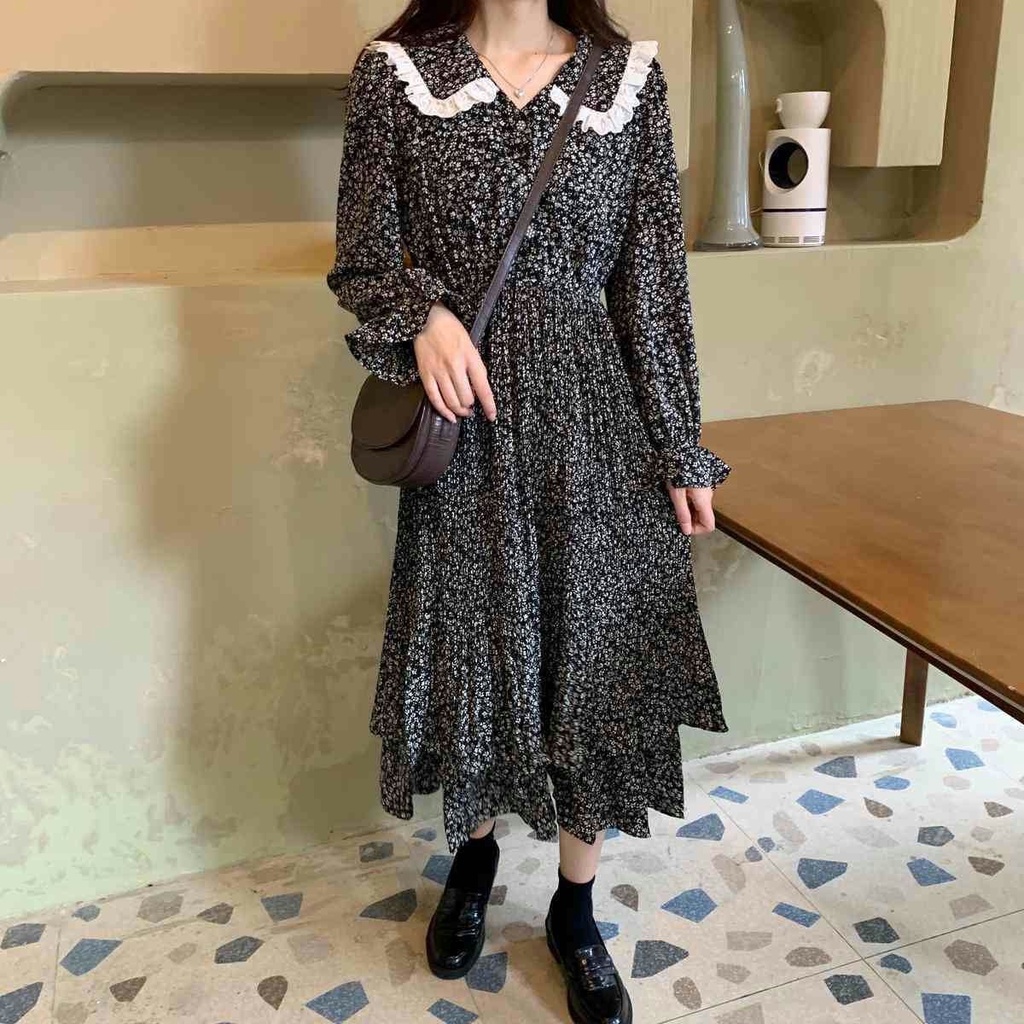 Đầm Hoa Cổ Chữ v Rộng Thời Trang retro Mùa Thu Năm 2021