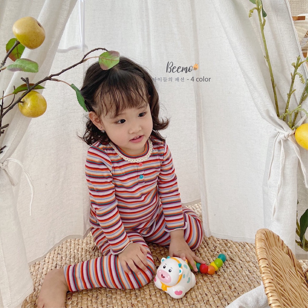 Bộ cotton kẻ ngang cá tính cho bé gái, bộ thu đông dài tay