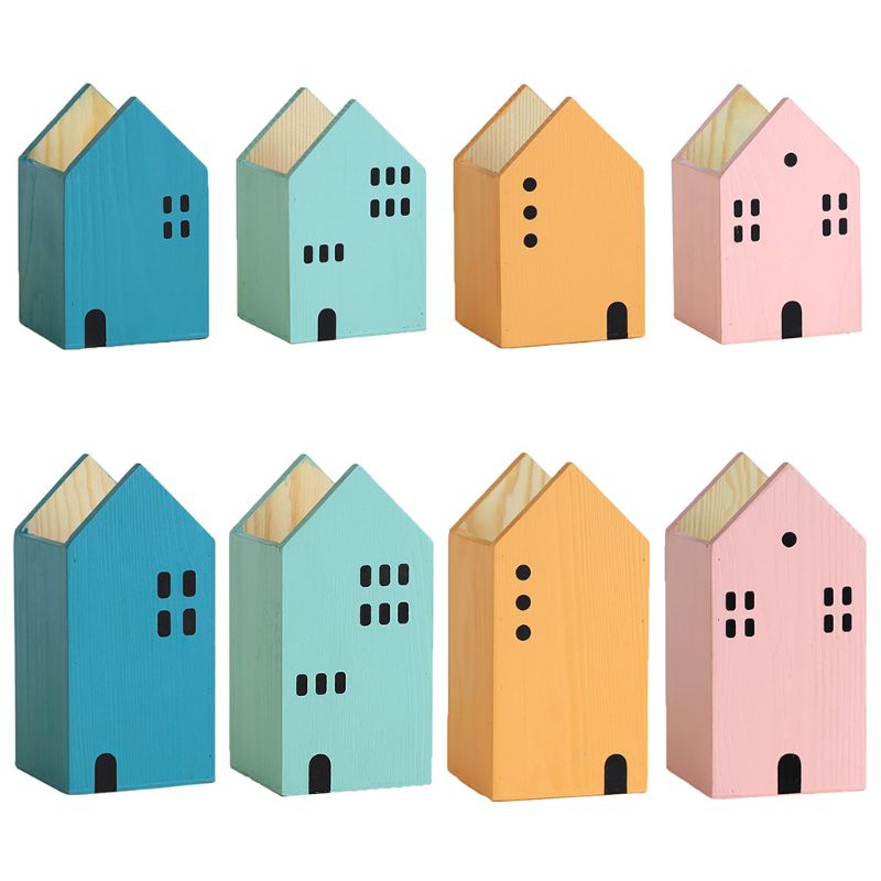 love* House Shape Wooden Pencil Pen Holder Desktop Organizer Container Stationery Pot