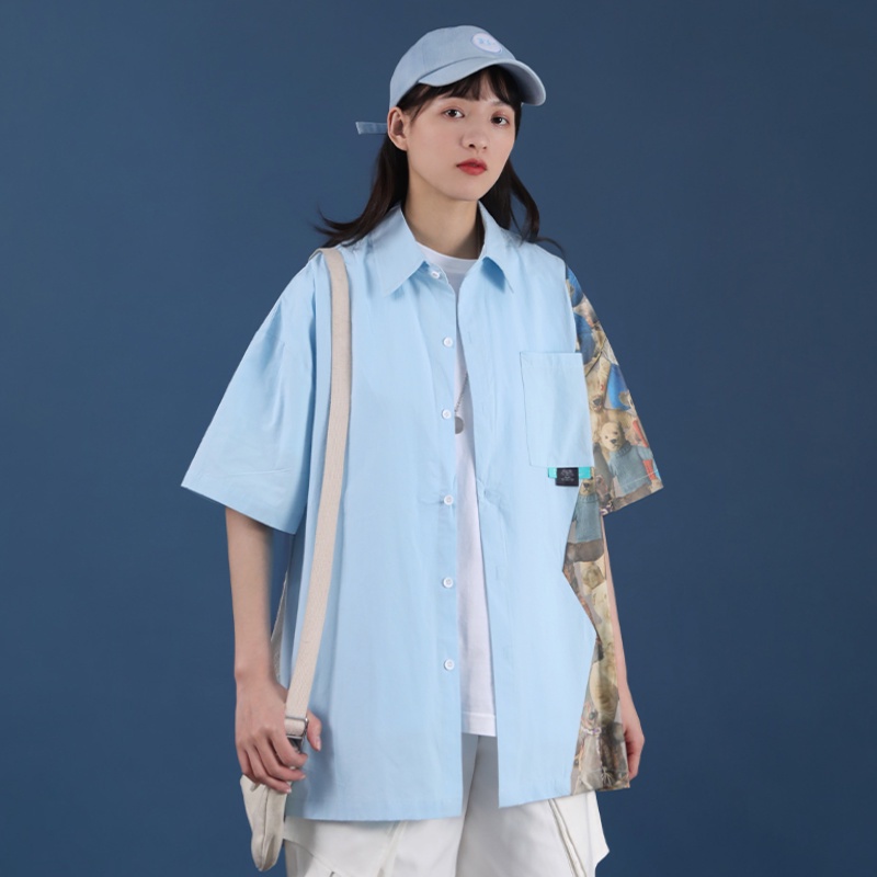 Áo sơ mi ngắn tay phong cách retro Hồng Kông cá tính cho nam và nữ xu hướng Hàn Quốc