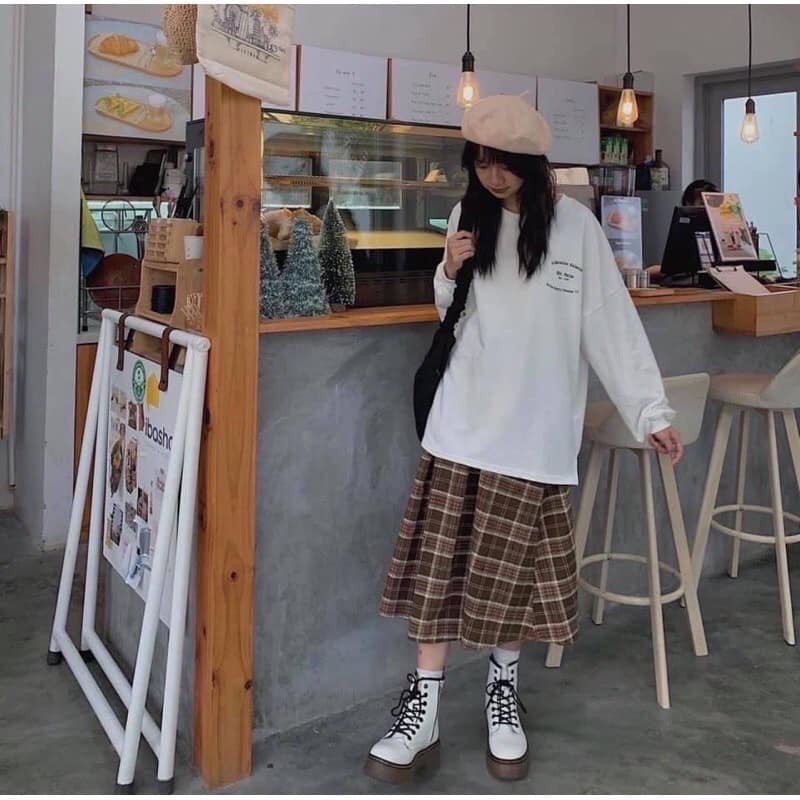 Chân váy dạ kẻ vintage cạp chun dáng dài | BigBuy360 - bigbuy360.vn