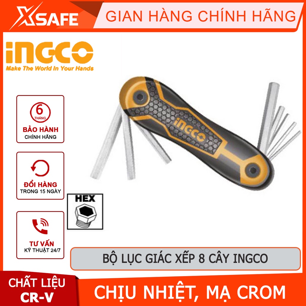 Bộ 8 chìa lục giác INGCO HHK14081 Lục giác đầu bằng kích thước 2-8mm, chất liệu thép CR-V chịu nhiệt, mạ thép chrome