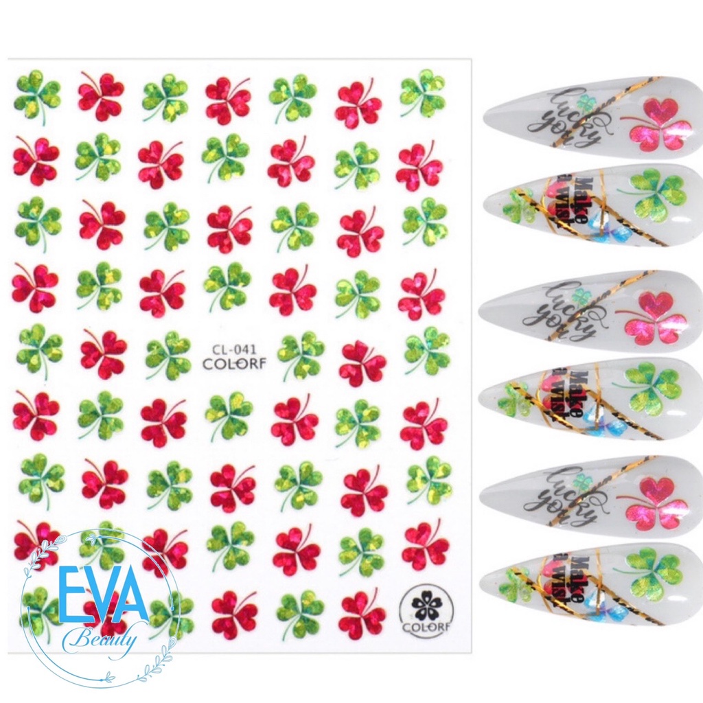 Sticker Dán Móng Tay 3D Dạng Decal Dán Chống Nước Hoạ Tiết Cỏ 3 Lá lucky leaf clover Ánh Nhũ Xanh Đỏ