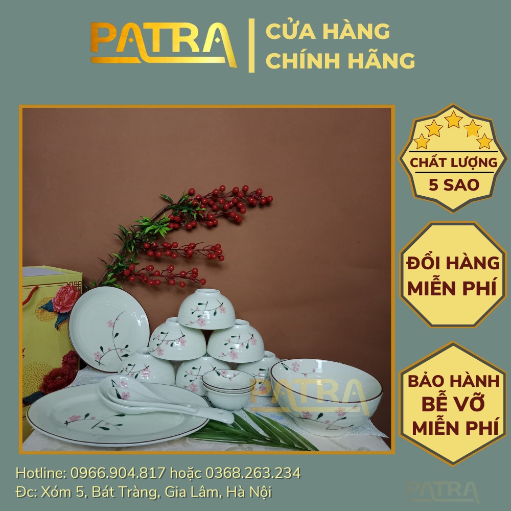 Bộ bát đĩa sứ Bát Tràng, bộ chén dĩa men kem họa tiết hoa đào đỏ 13 chi tiết, có bán các món lẻ