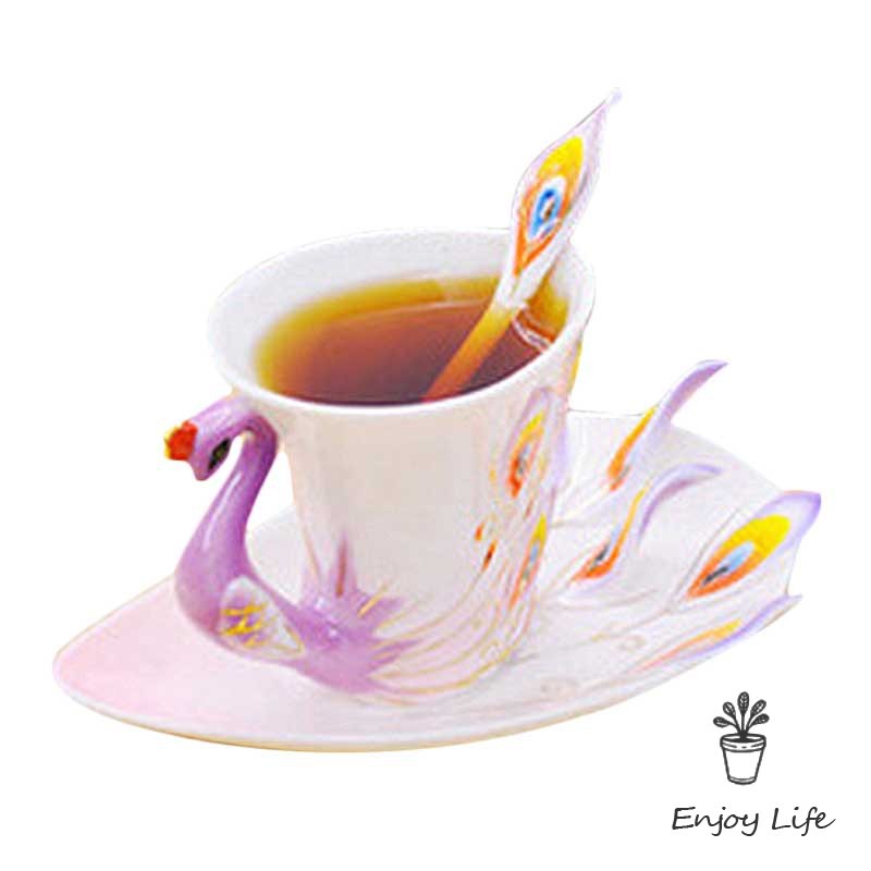 Set ly uống trà cà phê hình chim công 3D kèm đĩa muỗng độc đáo