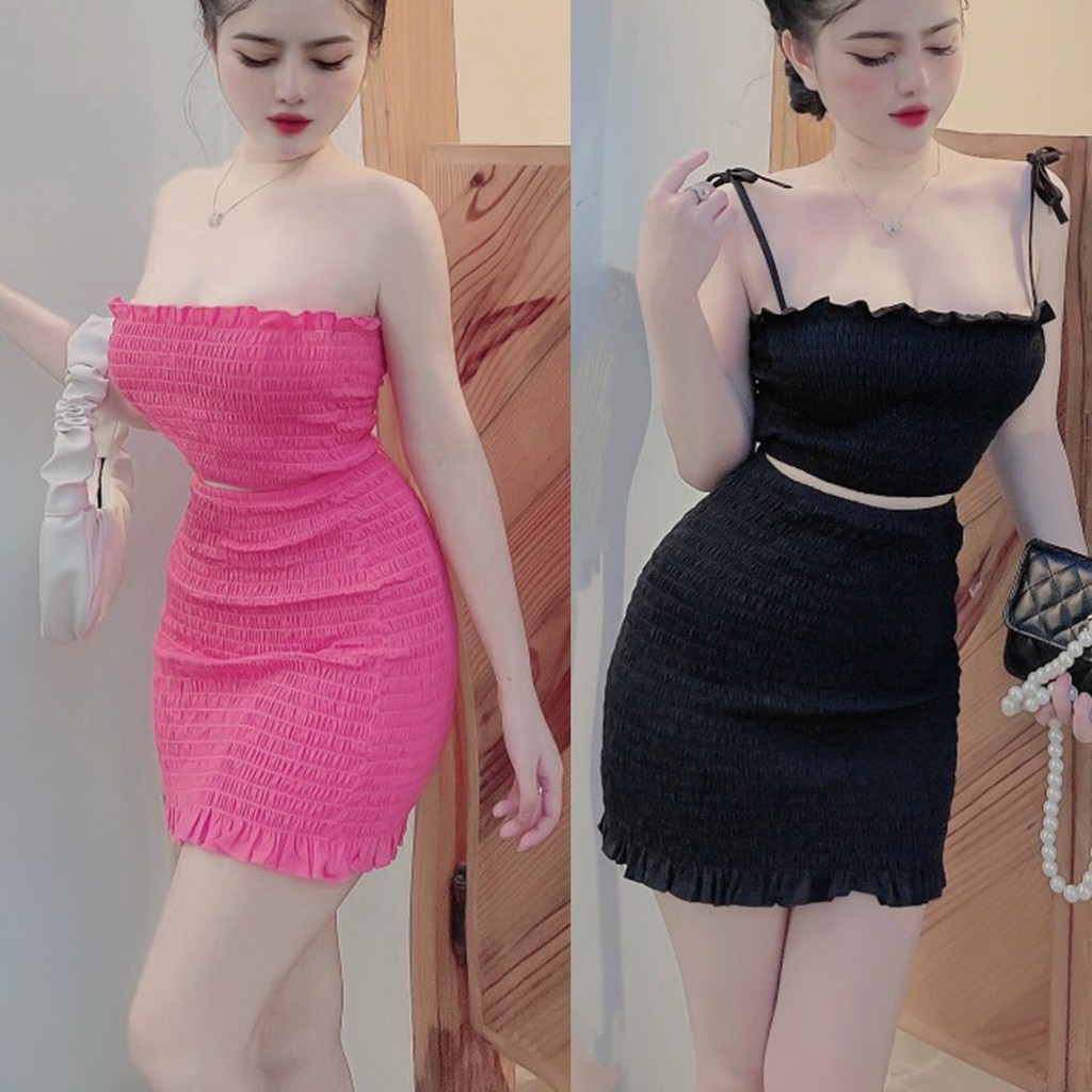 SET ÁO NHÚNG THUN HAI DÂY CỘT VAI KÈM CHÂN VÁY ÔM BODY TRẺ TRUNG GỢI CẢM - QANU365