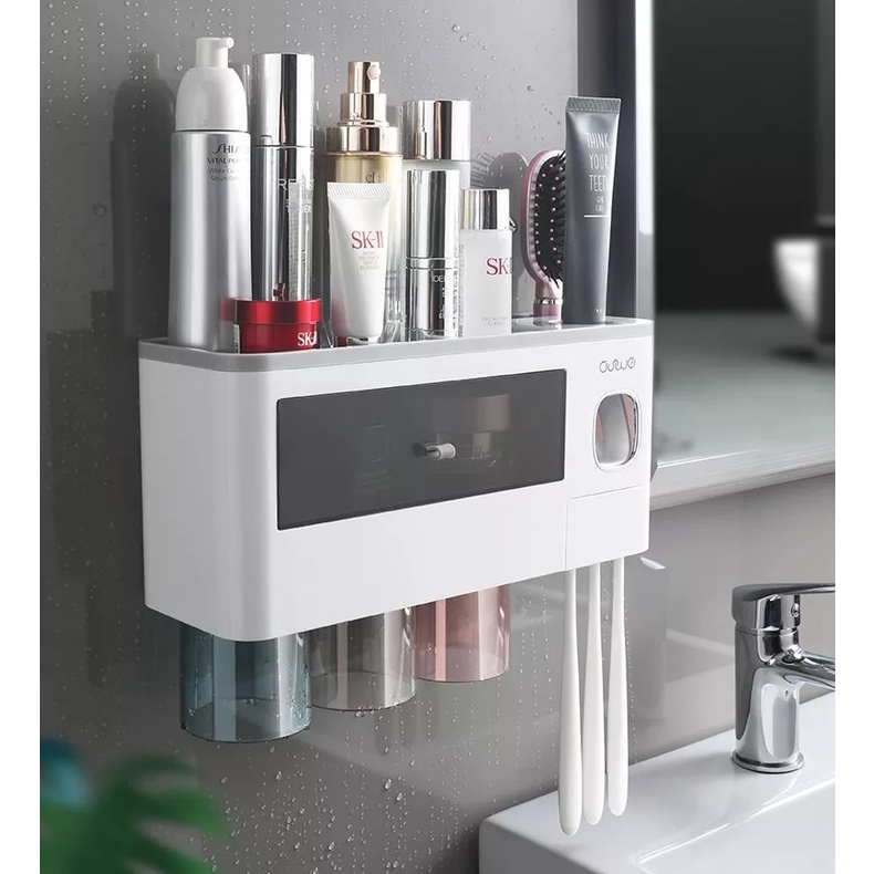 Bộ kệ dán tường đựng bàn chải, nhả kem đánh răng tự động loại 2,3,4 cốc trong nhiều màu ONEON tiện lợi
