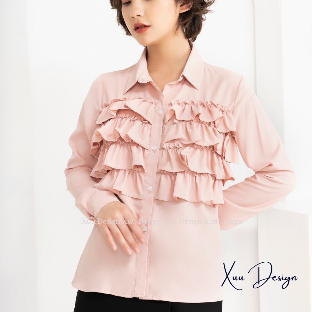 Áo kiểu nữ dài tay Wexuu Design áo nữ phối bèo ngực dài tay thời trang