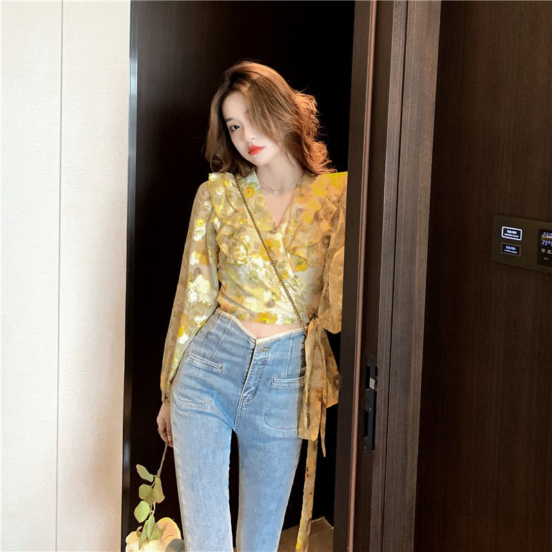 Áo Sơ Mi Voan Cổ V Dài Tay In Họa Tiết Hoa Vàng Phong Cách Pháp Cho Nữ