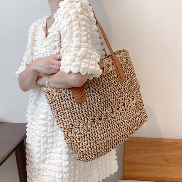 Túi cói Tote chữ nhật sọc ngang phối dây da - phong cách Vintage (mẫu mới)
