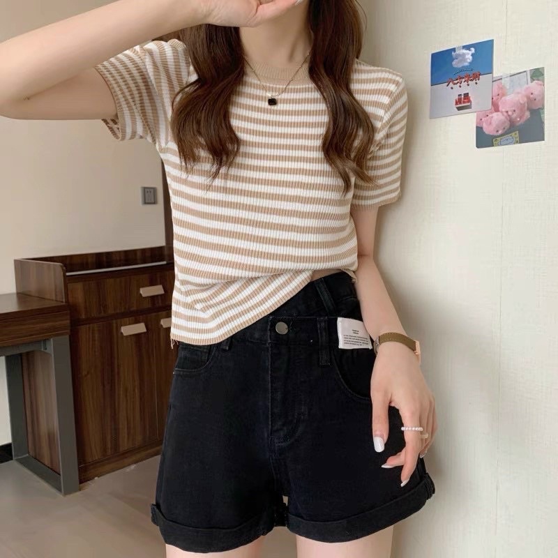 [Ảnh thật/Video]Áo len mongtogi 992 kẻ dáng vừa Áo phông kẻ nhiều màu QC