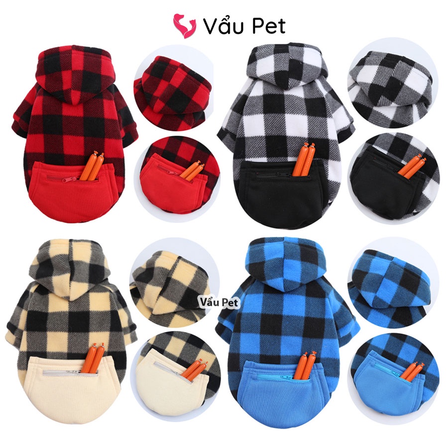 Áo cho chó mèo Hoodie kẻ có túi sành điệu - Quần áo cho chó poodle, con, lớn, mèo, thú cưng Vẩu Pet Shop