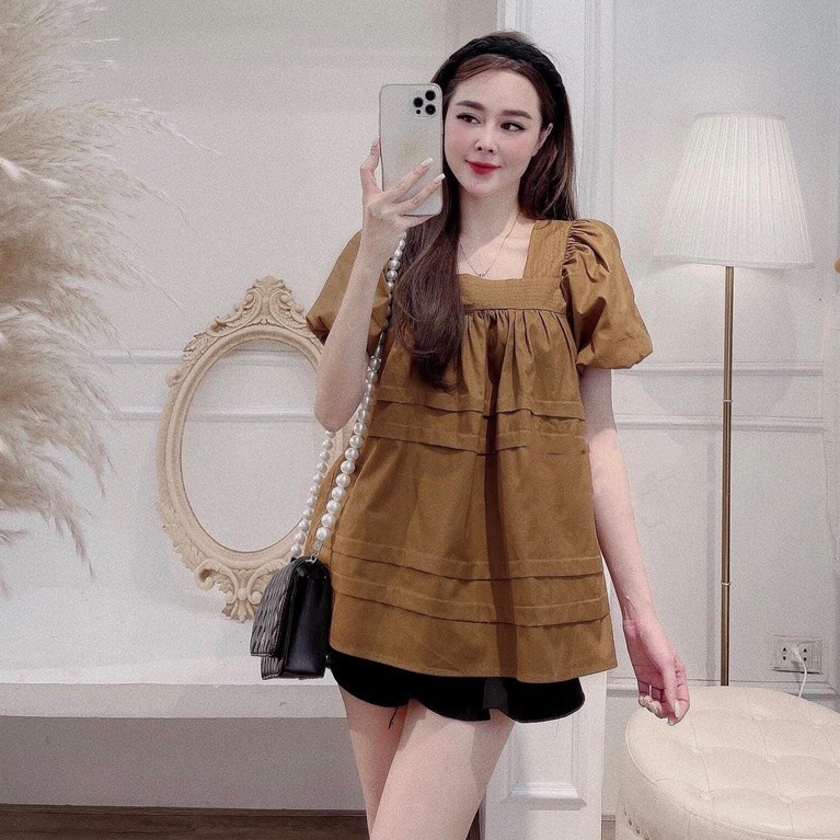 Áo cổ vuông tay ngắn dáng babydoll tầng xoè form rộng nhiều màu