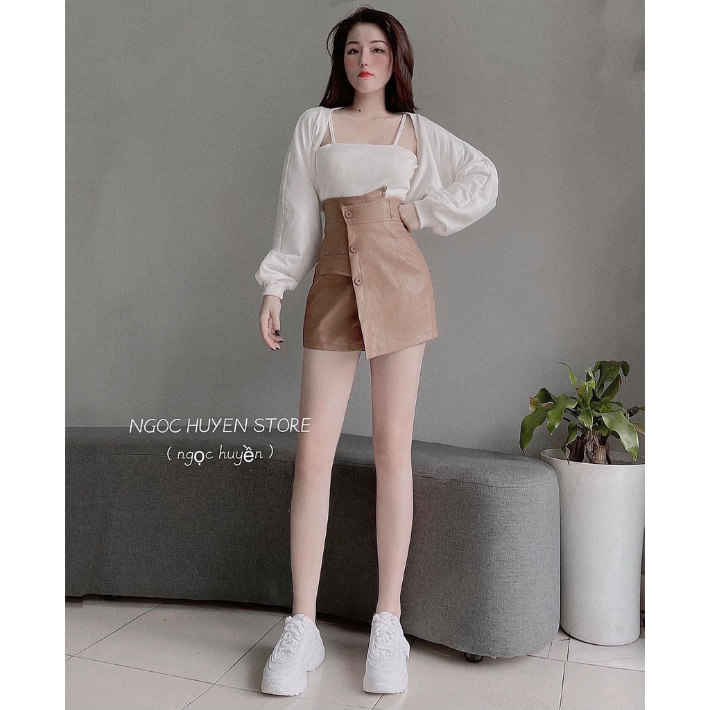 Chân váy da cạp chéo quần giả váy vạt chéo 3 cúc màu da có khóa kéo sau lưng THANH LÝ