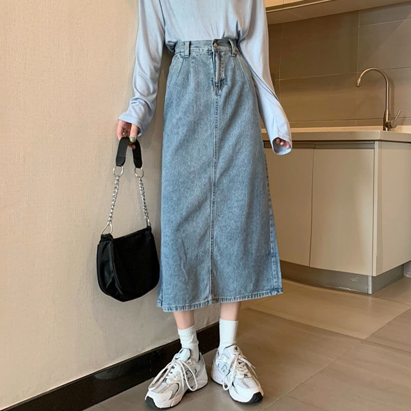 Chân Váy Bò Jeans Dài Cài Khuy Sau Lưng Xẻ Tà Sau Nữ Tính Học Sinh Hàn Quốc