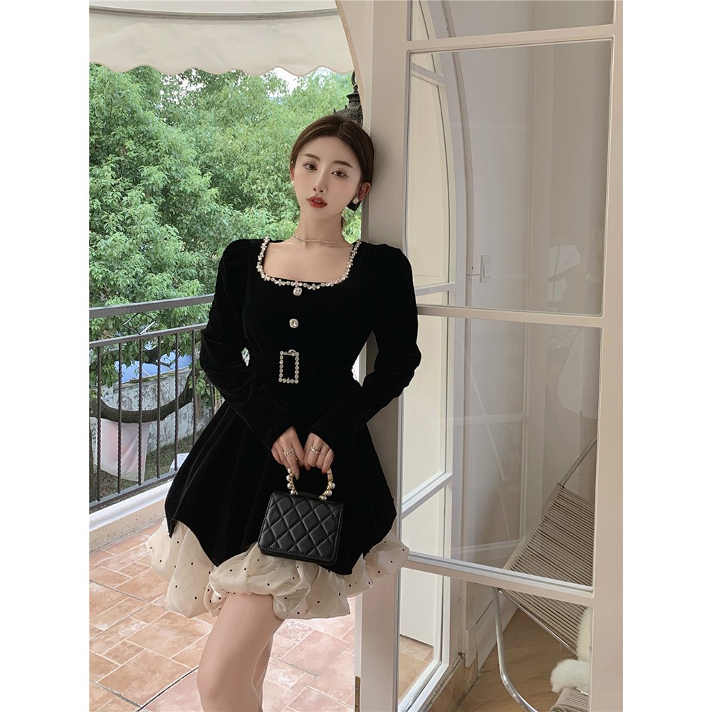 Váy nhung dài tay của nữ phong cách mùa thu kiểu Pháp hàng Quảng Châu cao cấp