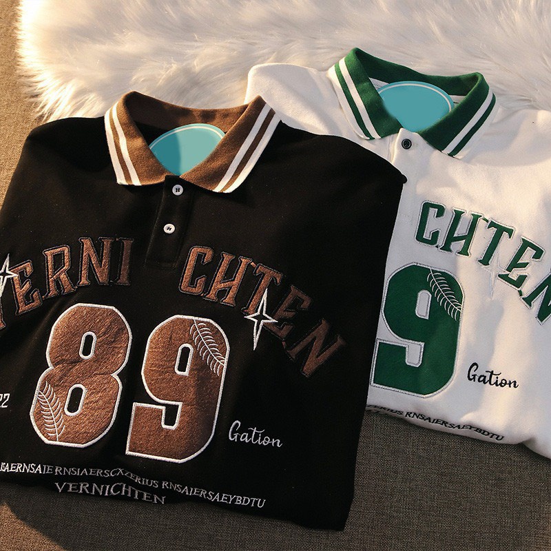 Áo Polo Sweater Nam Nữ Số 89 Cổ Bẻ Hàn Quốc Unisex Viền Cổ Trẻ Trung Form Rộng