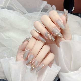 NailBox Móng Úp Mẫu Ghi Xám mix Tráng Gương Ngọc Trai bánh bè Hot Trend Thiết Kế Kèm Theo Dũa, Keo