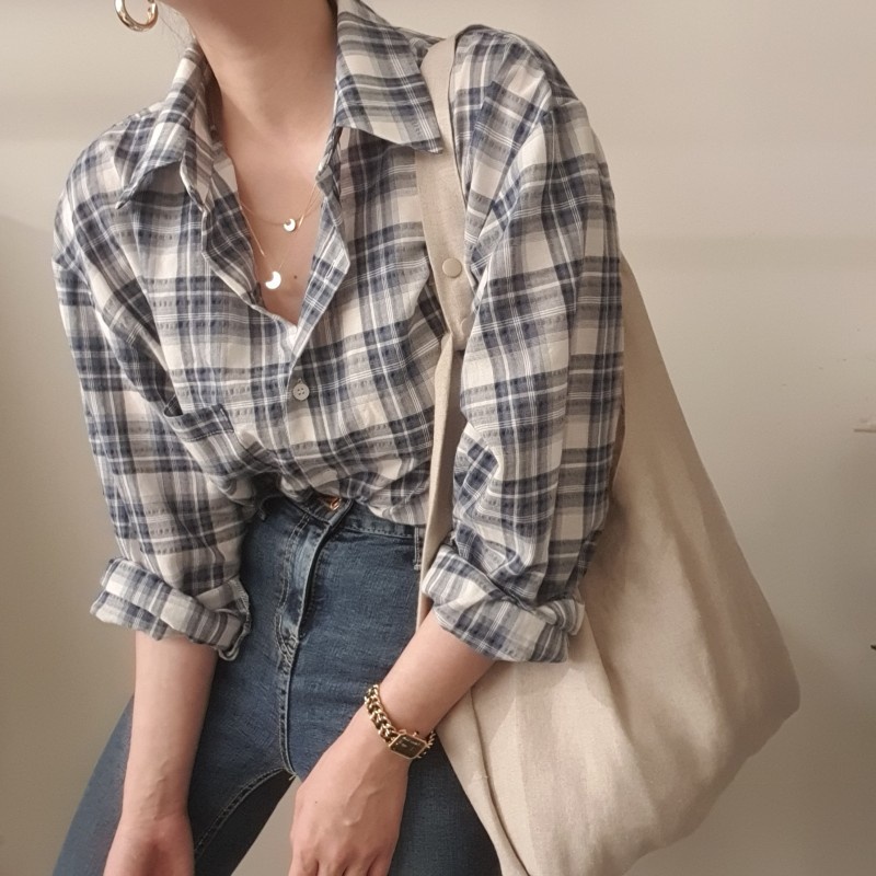 SUXI Áo sơ mi cho nữ tay dài kẻ sọc caro phong cách cổ điển Hàn Quốc