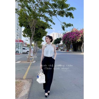 Set đồ cổ yếm nơ phối quần xuông cạp cao sang chảnh