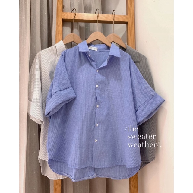 Áo sơ mi cộc tay kẻ sọc tay gập cúc lưng oversize phong cách ulzzang [Ảnh thật/Sẵn]