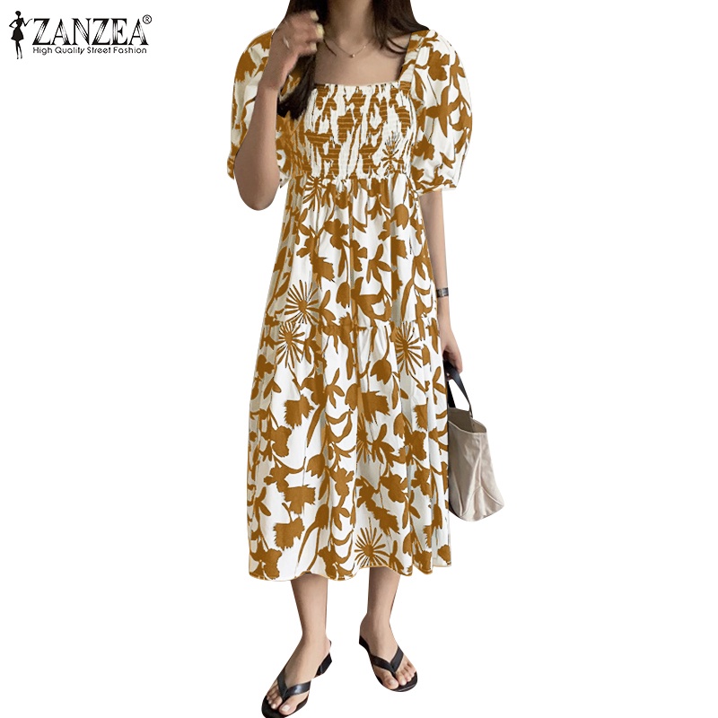 Zanzea Đầm Dài Tay Lửng Cổ Vuông In Họa Tiết Hoa Phong Cách Hàn Quốc Thời Trang Cho Nữ