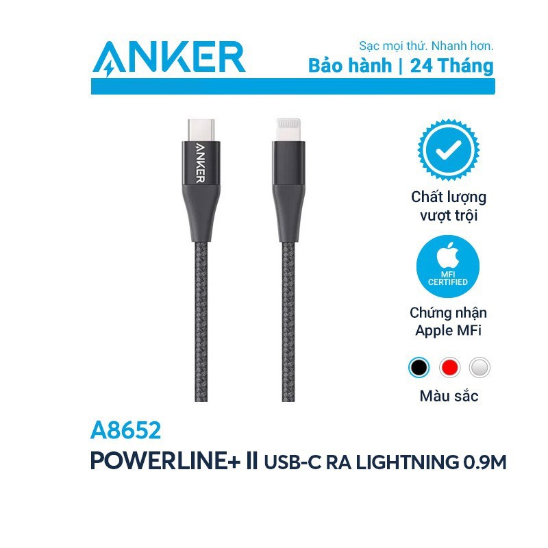 [Có túi đựng] Cáp sạc ANKER PowerLine+ II Lightning to USB-C dài 0.9m - A8652