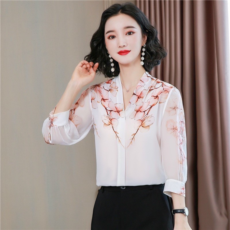 sơ mi nữ dài tay cổ v vai in hoa chất liệu nhẹ thoáng mát