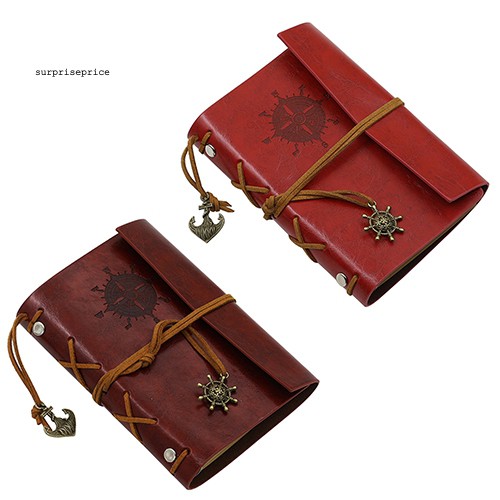 Sổ tay bìa bằng da giá có dây buộc mặt dây hình mỏ neo và bánh lái phong cách retro