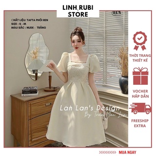 Đầm thiết kế LINH RUBI dáng xòe dài tay bồng chất vải tafta phối ren ngực cao cấp
