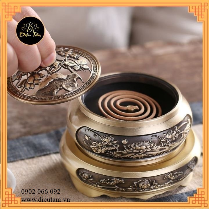 Lư đồng xông trầm hương bộ lư đồng hoa sen khắc hình sen và đế đôn đồng sen