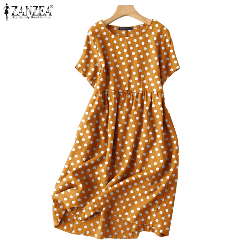 Đầm ZANZEA tay ngắn cổ tròn form rộng họa tiết chấm bi phong cách retro
